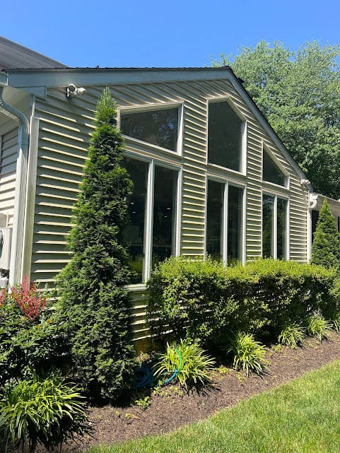 Modern home exterior with large windows, landscaped garden, and evergreen shrubs.