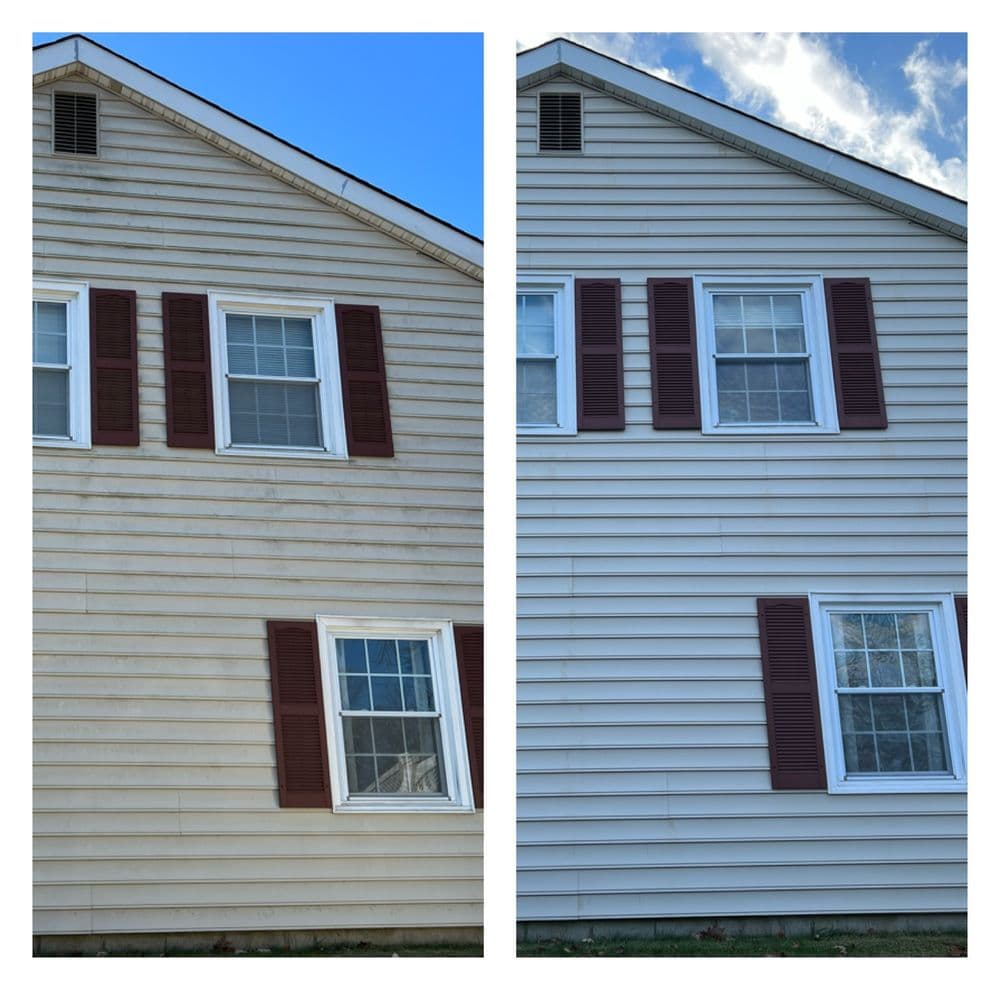 Before and after of house siding renovation, showcasing improved appearance and fresh paint job.