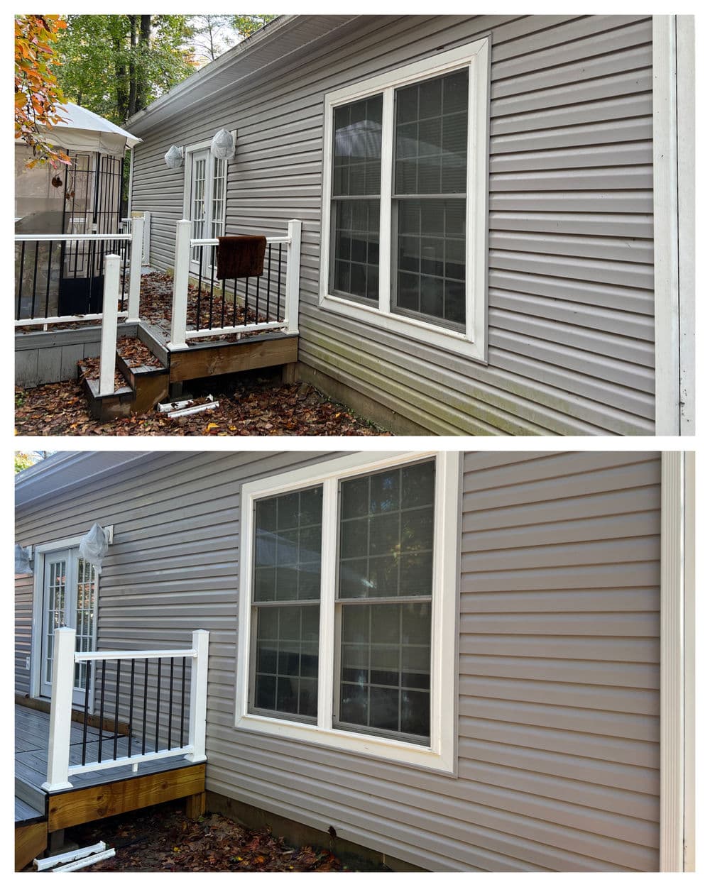 Before and after house exterior cleaning showing improved siding and windows.
