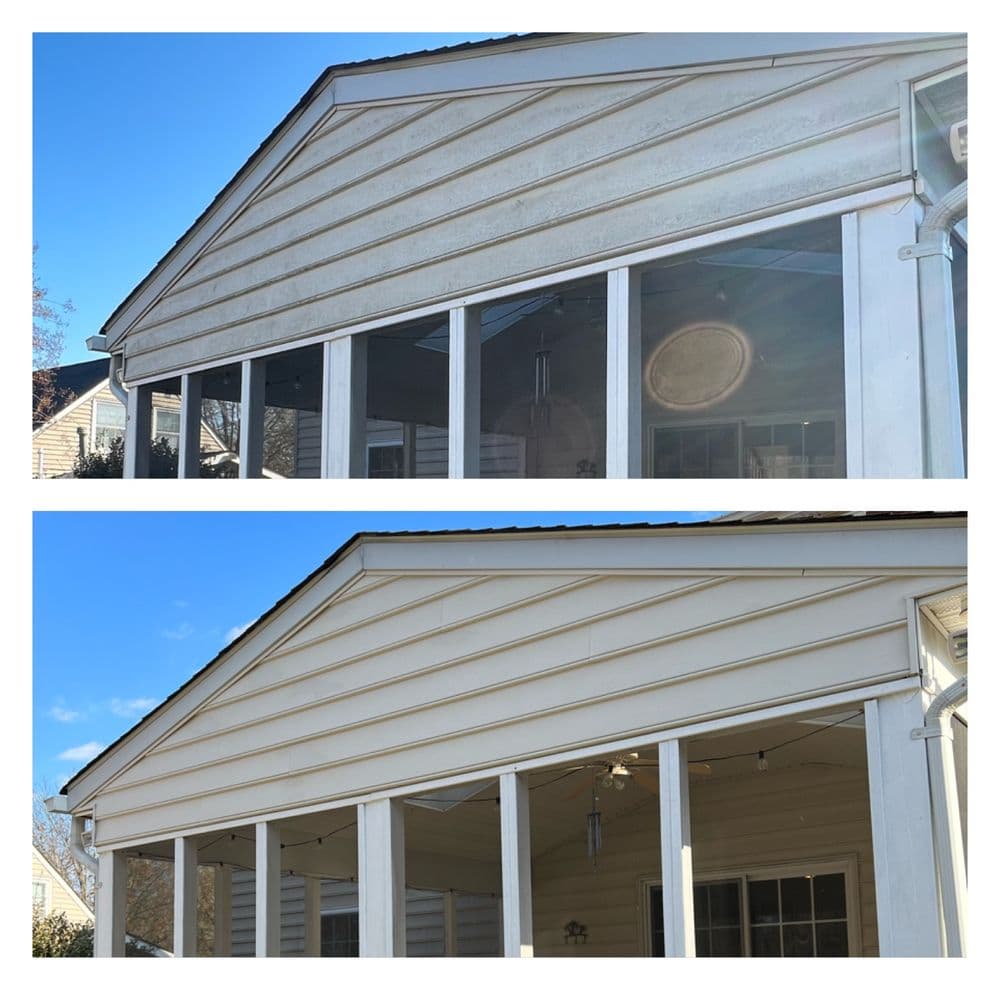 Before and after cleaning of a house exterior with a white siding and clear blue sky.