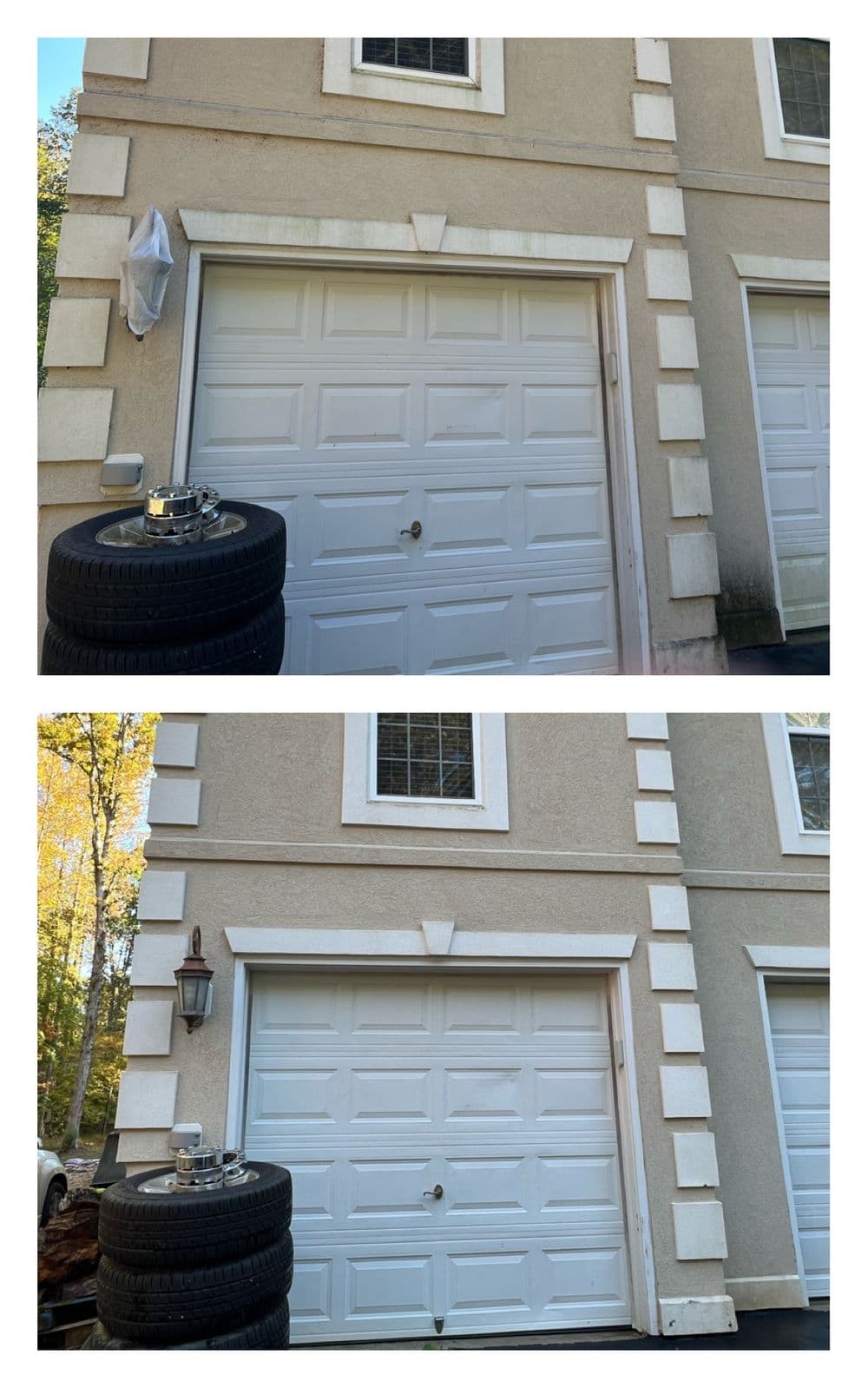 Before and after garage door repair showing improved condition and added details.