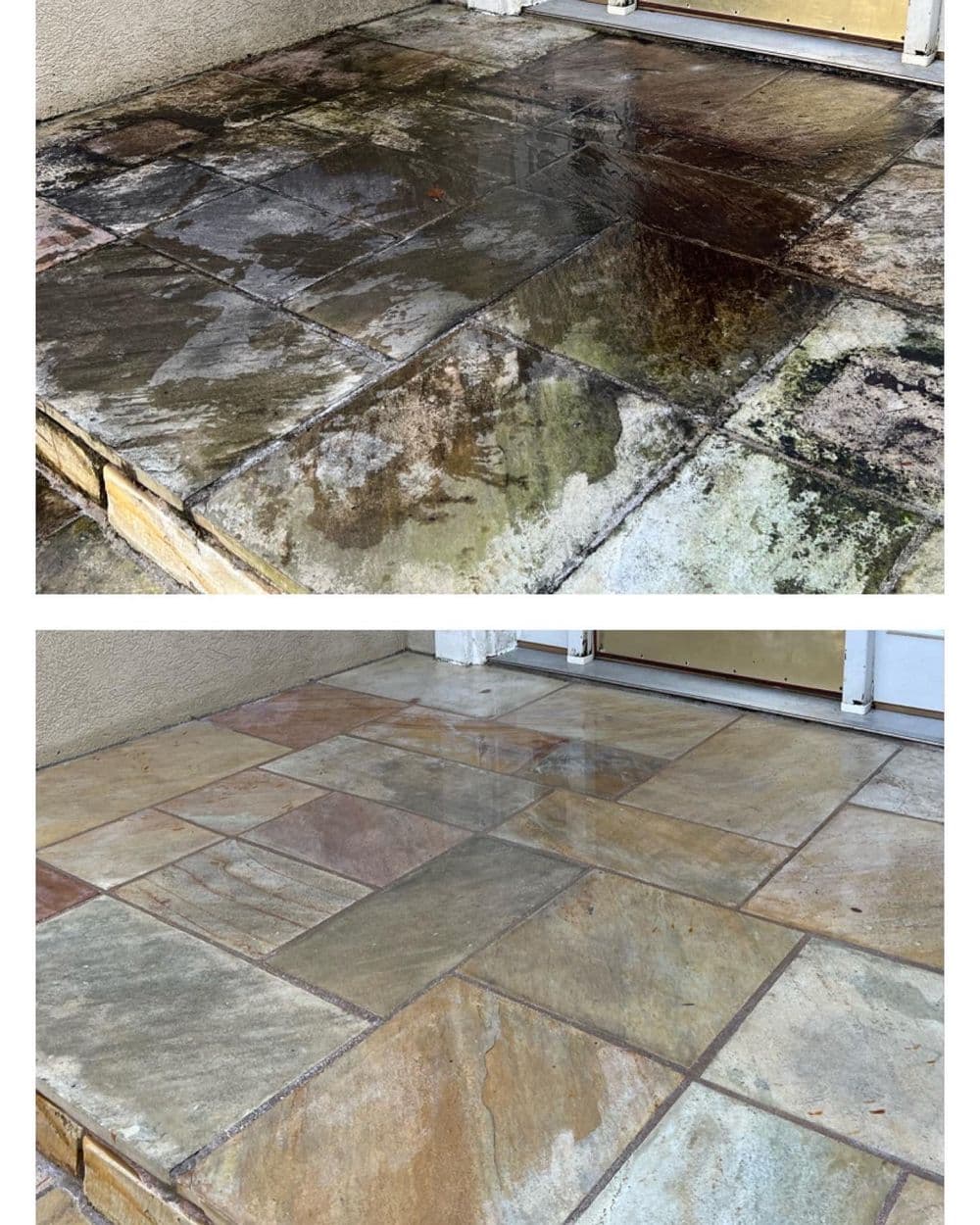 Before and after clean slate entryway showcasing improved appearance and shine.